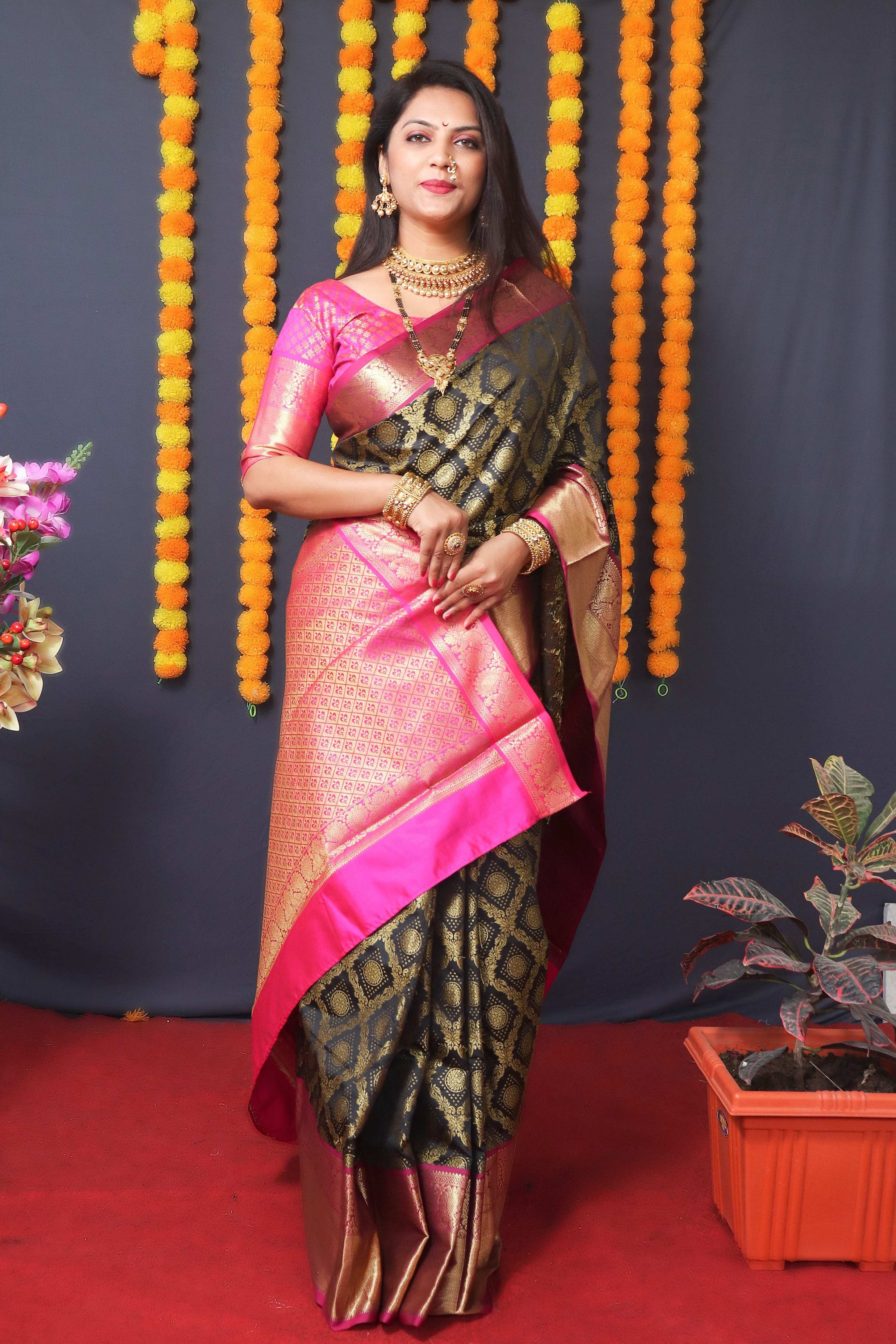 Jyoti Fashion Women's Black Kanchipuram Silk Zari Woven Saree with Blouse | Grocsy