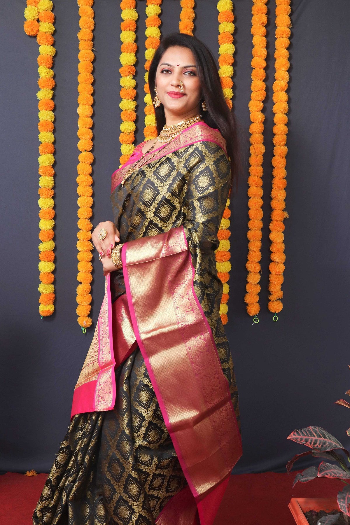 Jyoti Fashion Women's Black Kanchipuram Silk Zari Woven Saree with Blouse | Grocsy