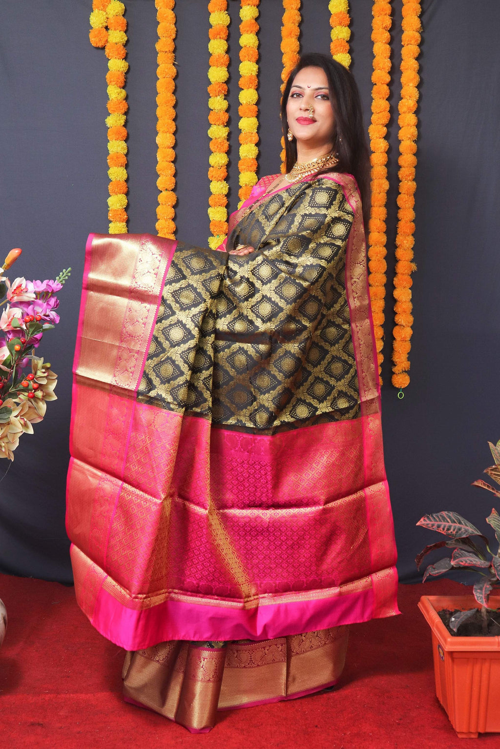 Jyoti Fashion Women's Black Kanchipuram Silk Zari Woven Saree with Blouse | Grocsy
