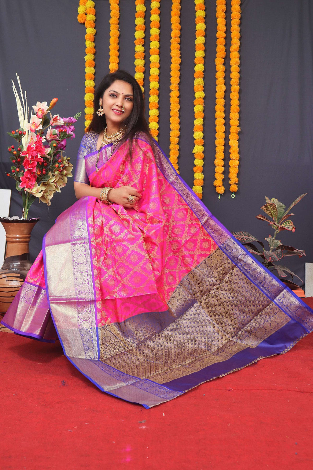 Jyoti Fashion Women's Pink Kanchipuram Silk Zari Woven Saree with Blouse | Grocsy