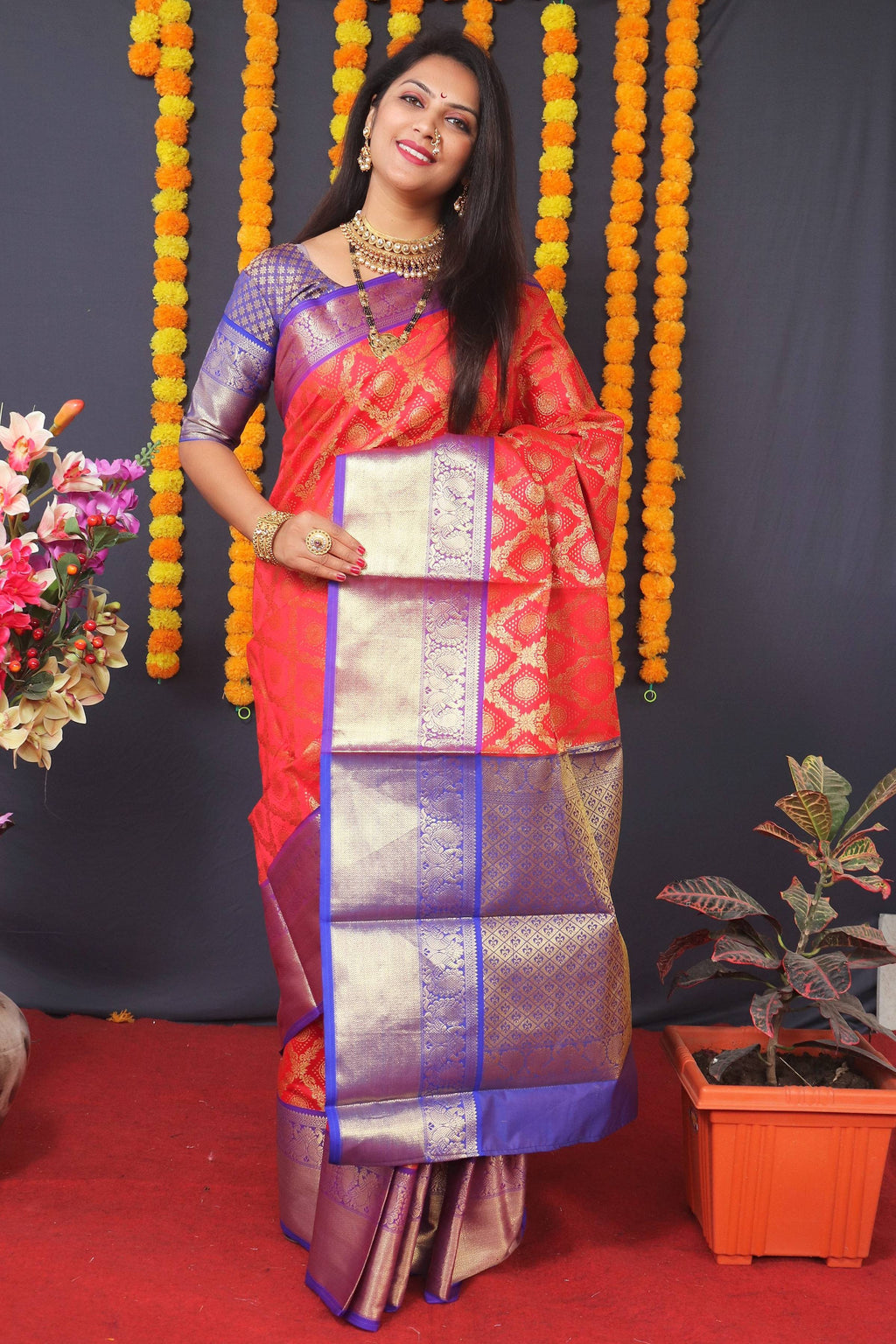 Jyoti Fashion Women's Red Kanchipuram Silk Zari Woven Saree with Blouse | Grocsy