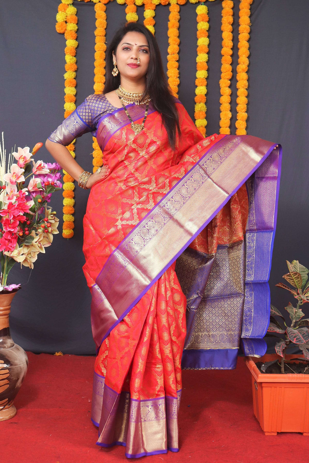 Jyoti Fashion Women's Red Kanchipuram Silk Zari Woven Saree with Blouse | Grocsy