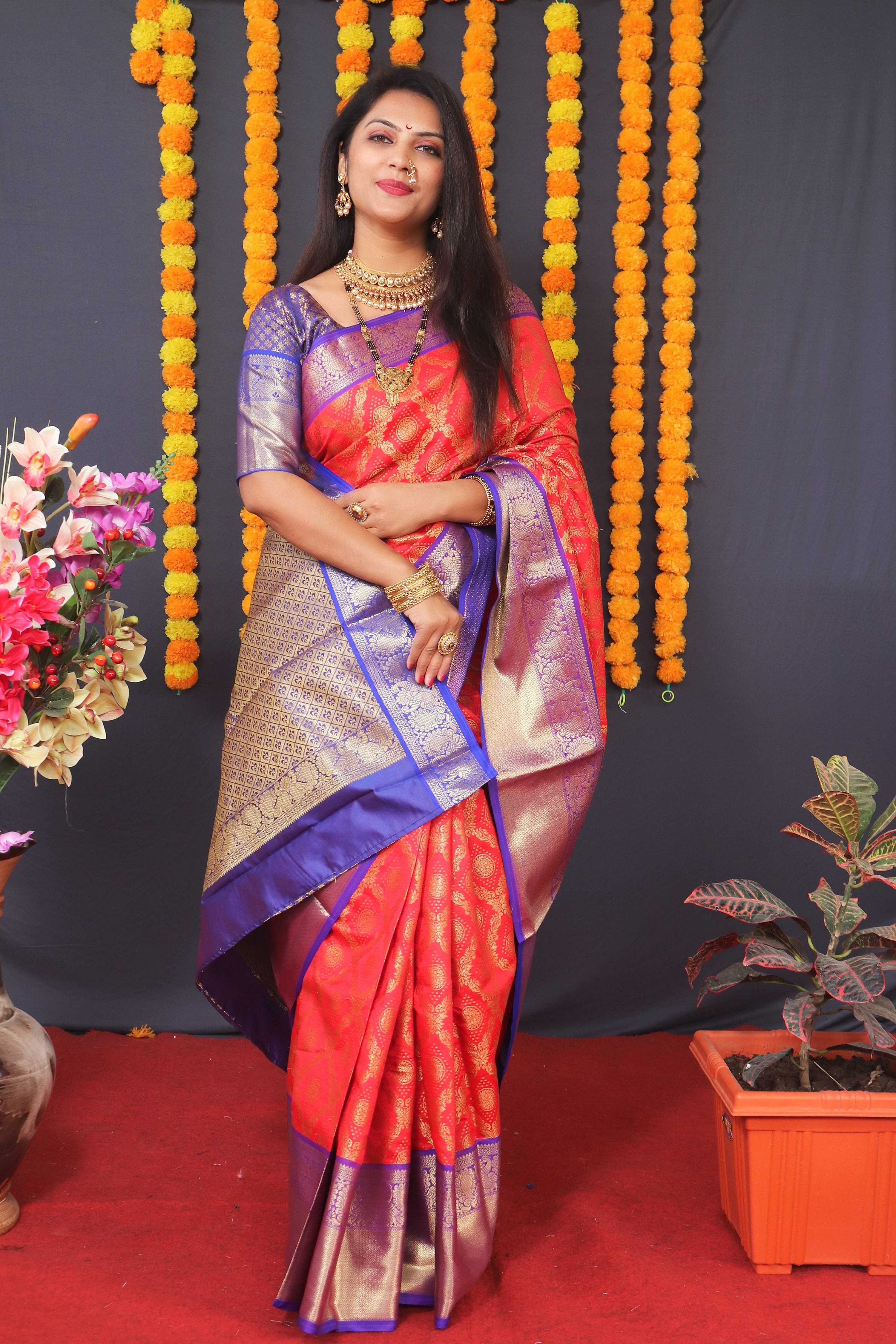 Jyoti Fashion Women's Red Kanchipuram Silk Zari Woven Saree with Blouse | Grocsy