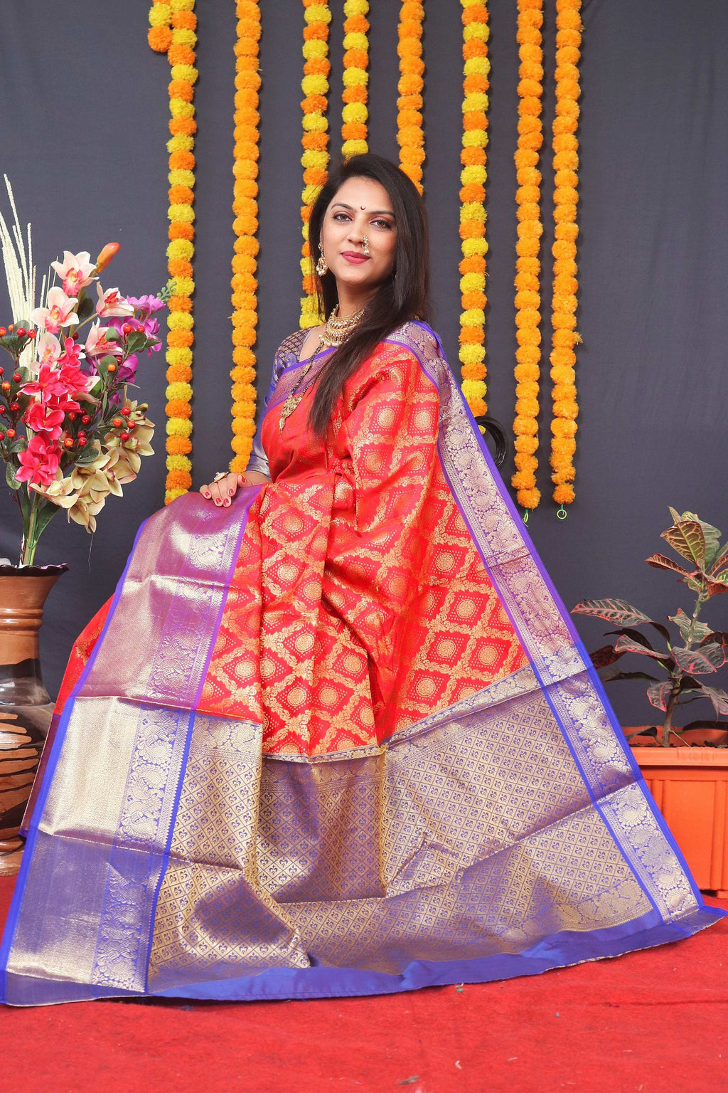 Jyoti Fashion Women's Red Kanchipuram Silk Zari Woven Saree with Blouse | Grocsy