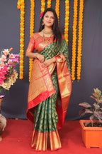 Jyoti Fashion Women's Green Kanchipuram Silk Zari Woven Saree with Blouse | Grocsy