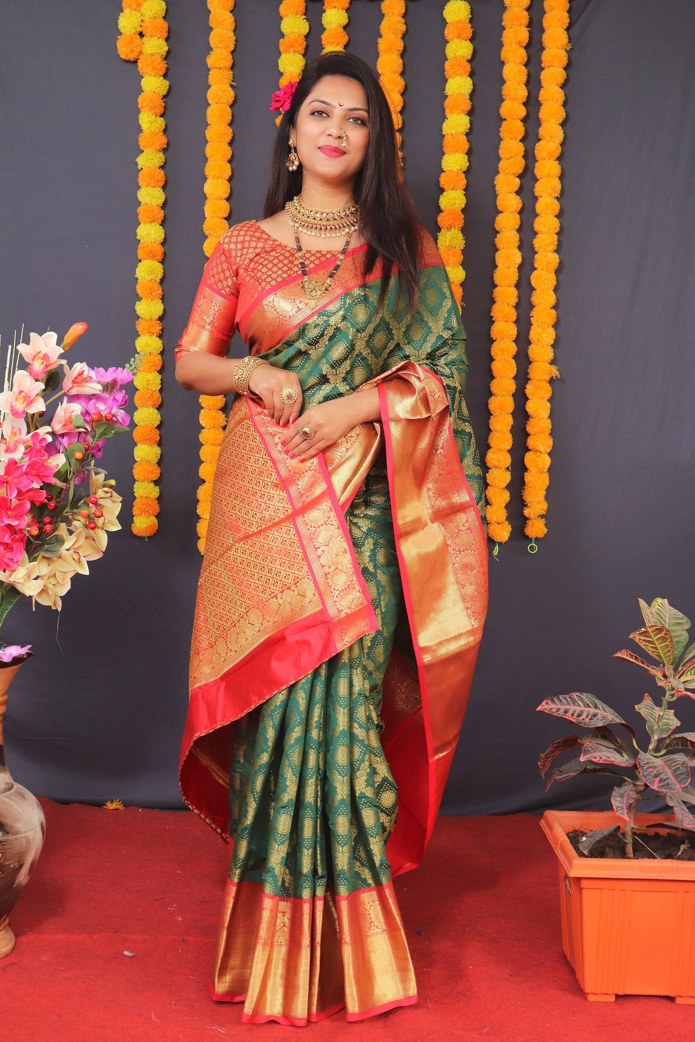 Jyoti Fashion Women's Green Kanchipuram Silk Zari Woven Saree with Blouse | Grocsy