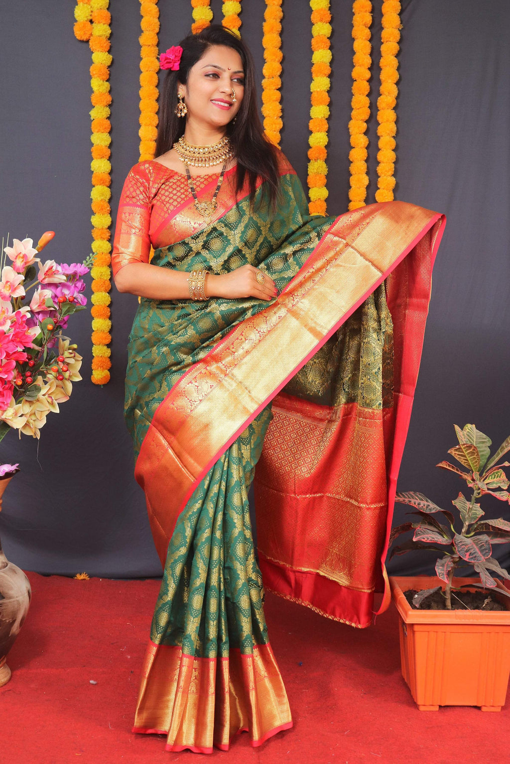 Jyoti Fashion Women's Green Kanchipuram Silk Zari Woven Saree with Blouse | Grocsy