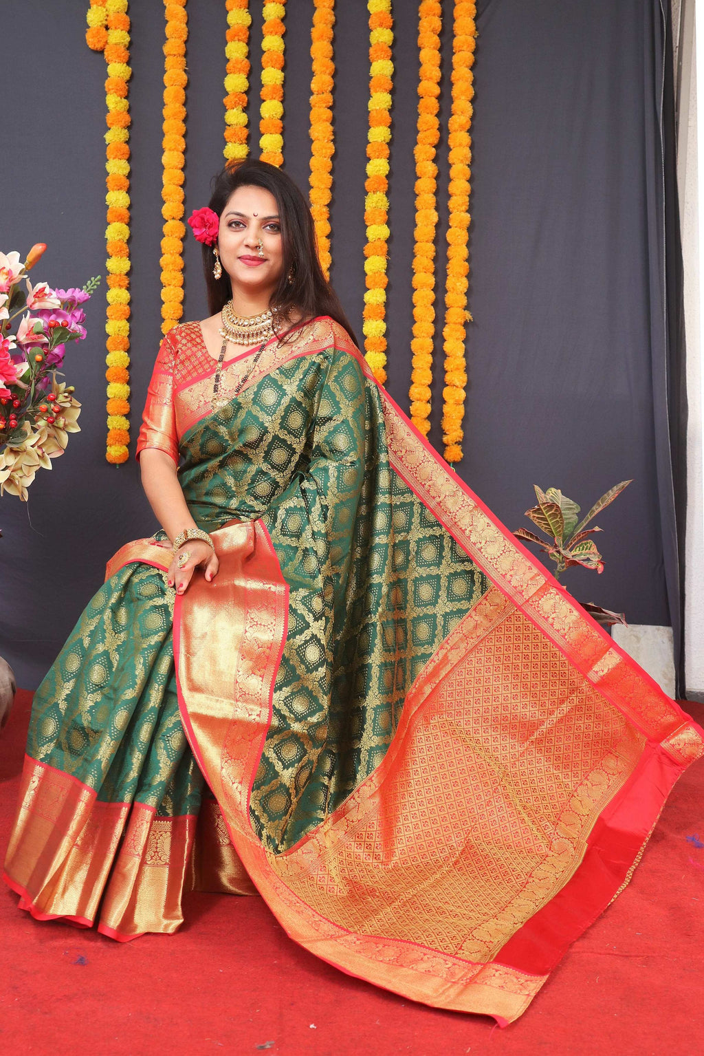 Jyoti Fashion Women's Green Kanchipuram Silk Zari Woven Saree with Blouse | Grocsy
