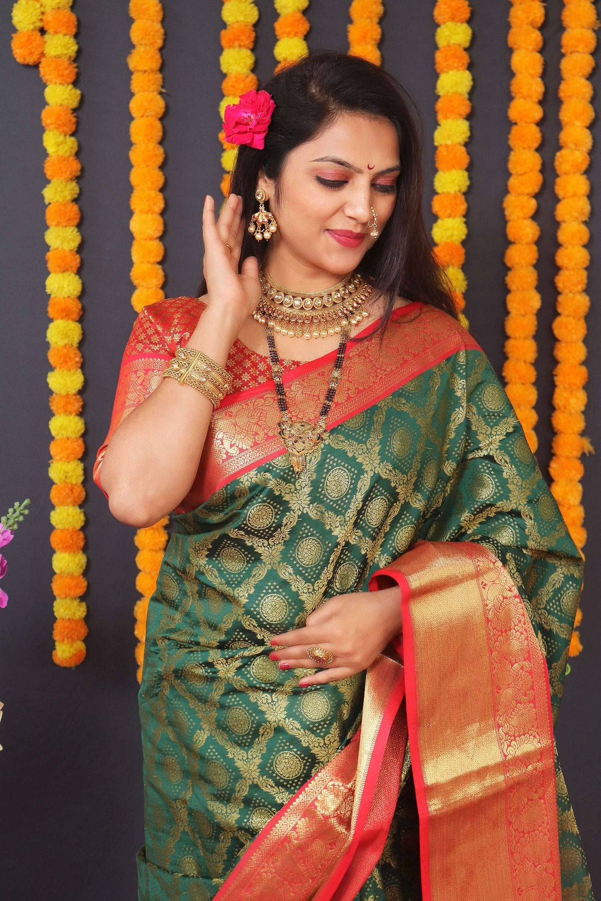 Jyoti Fashion Women's Green Kanchipuram Silk Zari Woven Saree with Blouse | Grocsy