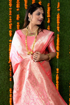Jyoti Fashion Women's Peach Handloom Banarasi Silk Zari Woven Saree with Blouse | Grocsy