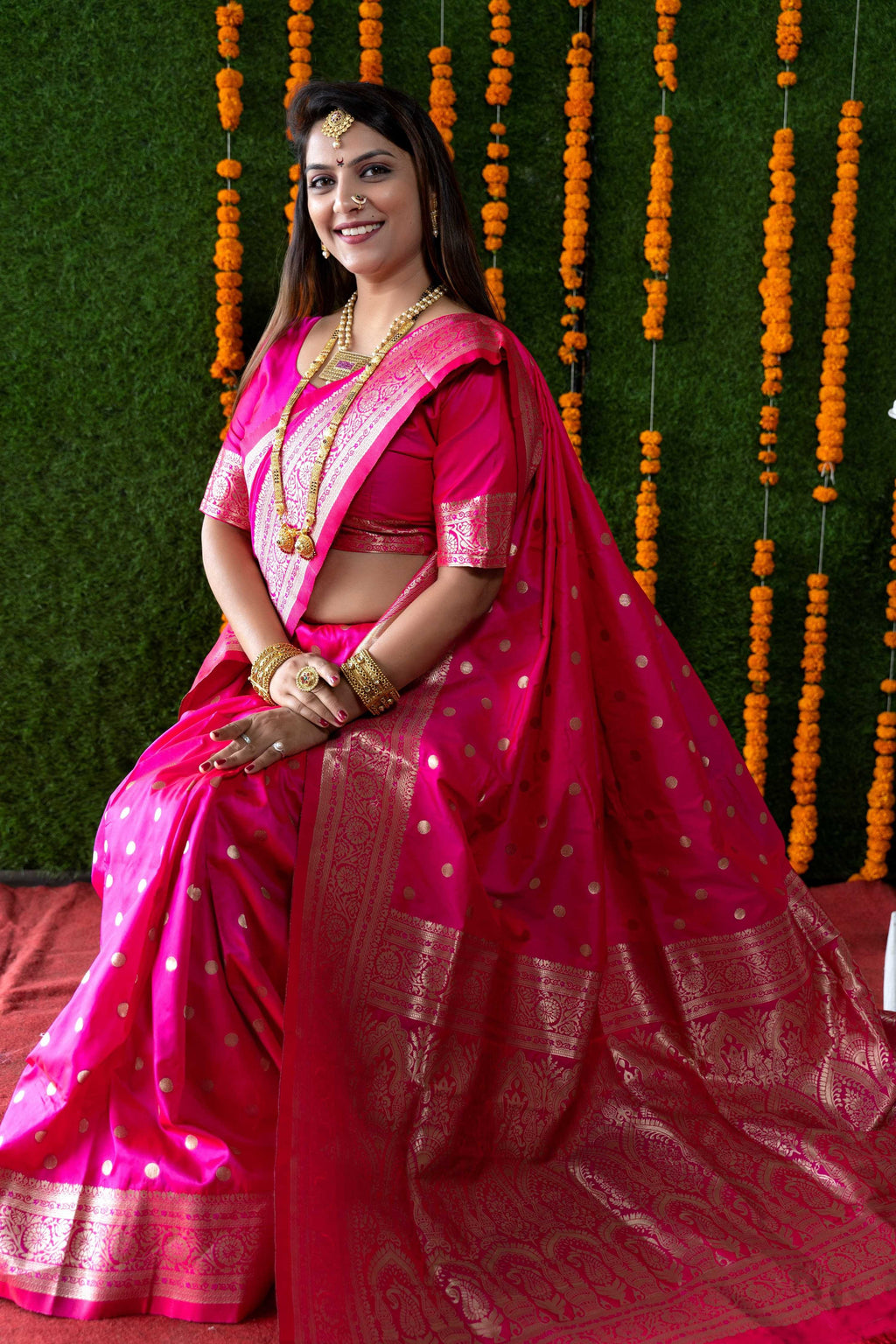Jyoti Fashion Women's Rani Pink Handloom Banarasi Silk Zari Woven Saree with Blouse | Grocsy