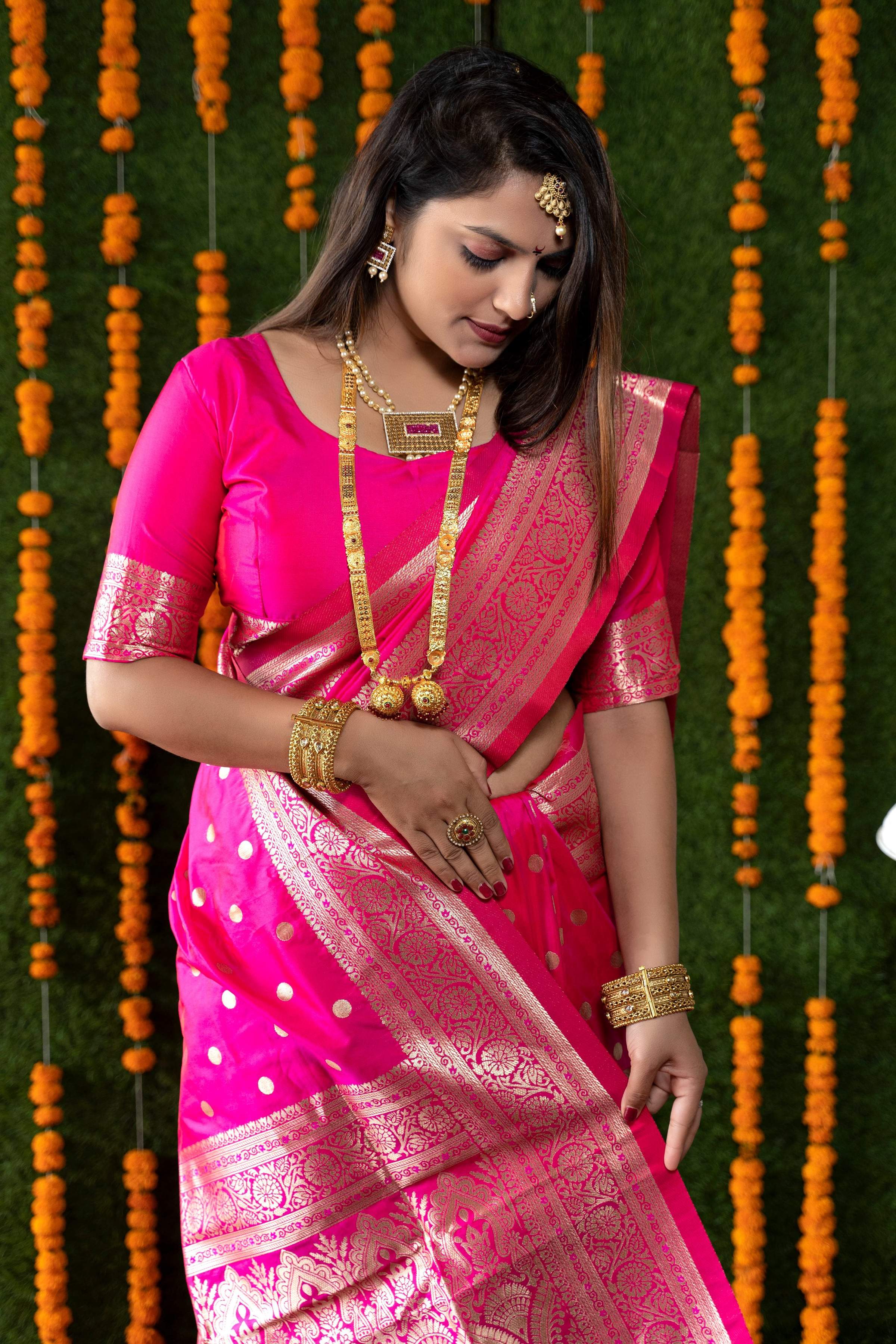 Jyoti Fashion Women's Rani Pink Handloom Banarasi Silk Zari Woven Saree with Blouse | Grocsy