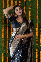 Jyoti Fashion Women's Black Handloom Banarasi Silk Zari Woven Saree with Blouse | Grocsy
