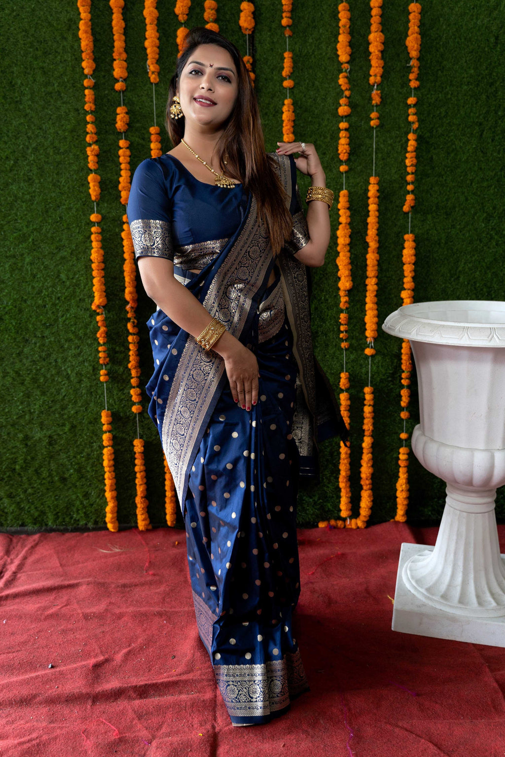 Jyoti Fashion Women's Navy Blue Handloom Banarasi Silk Zari Woven Saree with Blouse | Grocsy