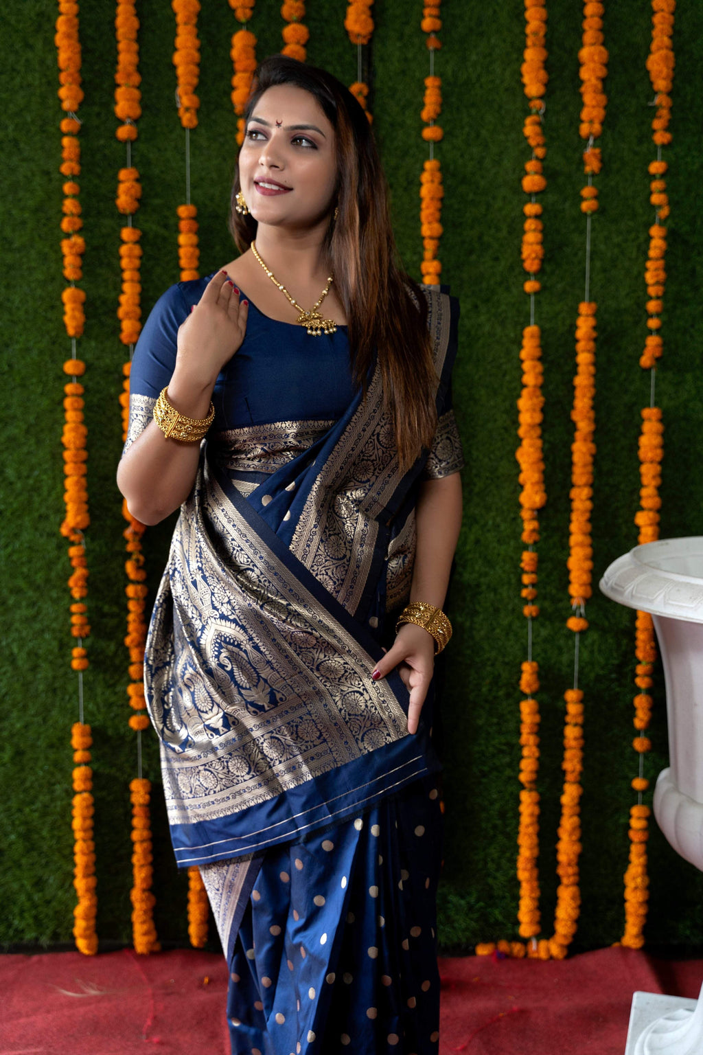Jyoti Fashion Women's Navy Blue Handloom Banarasi Silk Zari Woven Saree with Blouse | Grocsy