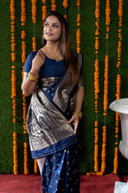 Jyoti Fashion Women's Navy Blue Handloom Banarasi Silk Zari Woven Saree with Blouse | Grocsy
