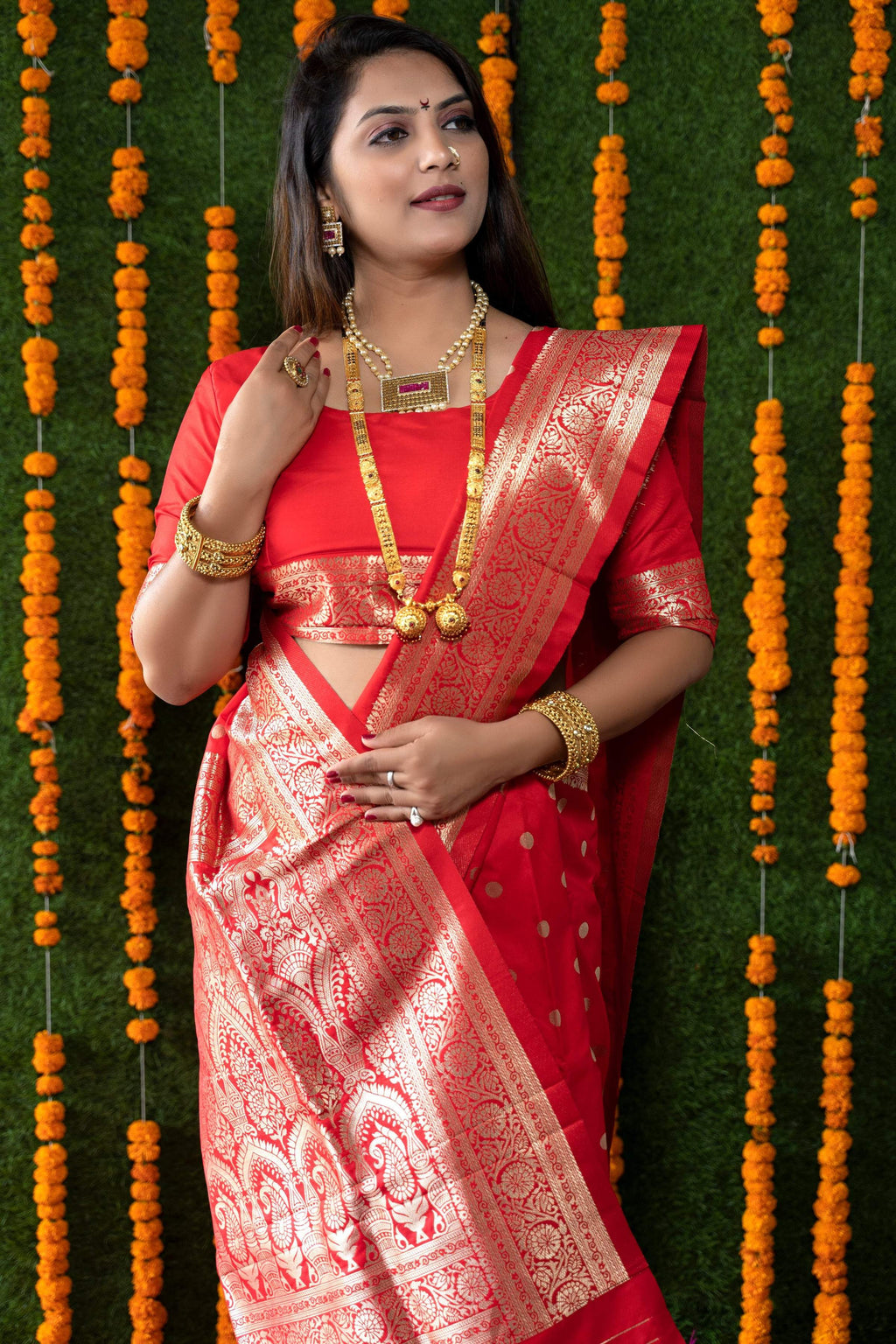 Jyoti Fashion Women's Red Handloom Banarasi Silk Zari Woven Saree with Blouse | Grocsy