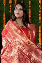 Jyoti Fashion Women's Red Handloom Banarasi Silk Zari Woven Saree with Blouse | Grocsy