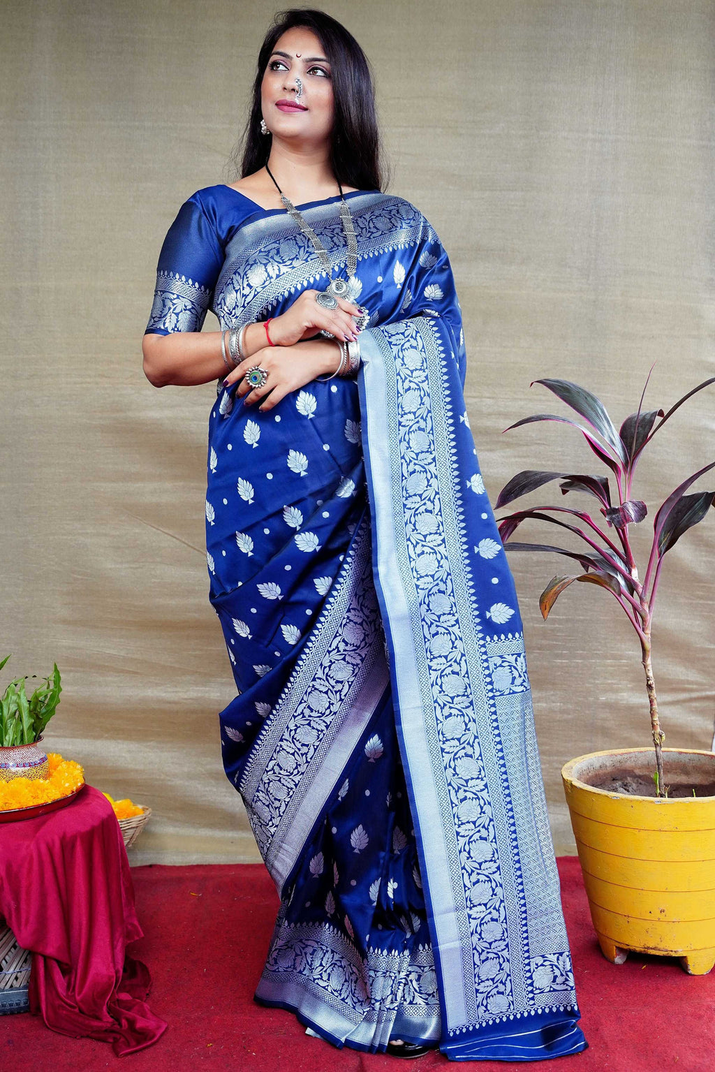 Jyoti Fashion Women's Navy Blue Soft Banarasi Silk Zari Woven Saree with Blouse | Grocsy