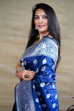 Jyoti Fashion Women's Navy Blue Soft Banarasi Silk Zari Woven Saree with Blouse | Grocsy