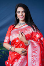 Jyoti Fashion Women's Red Soft Banarasi Silk Zari Woven Saree with Blouse | Grocsy