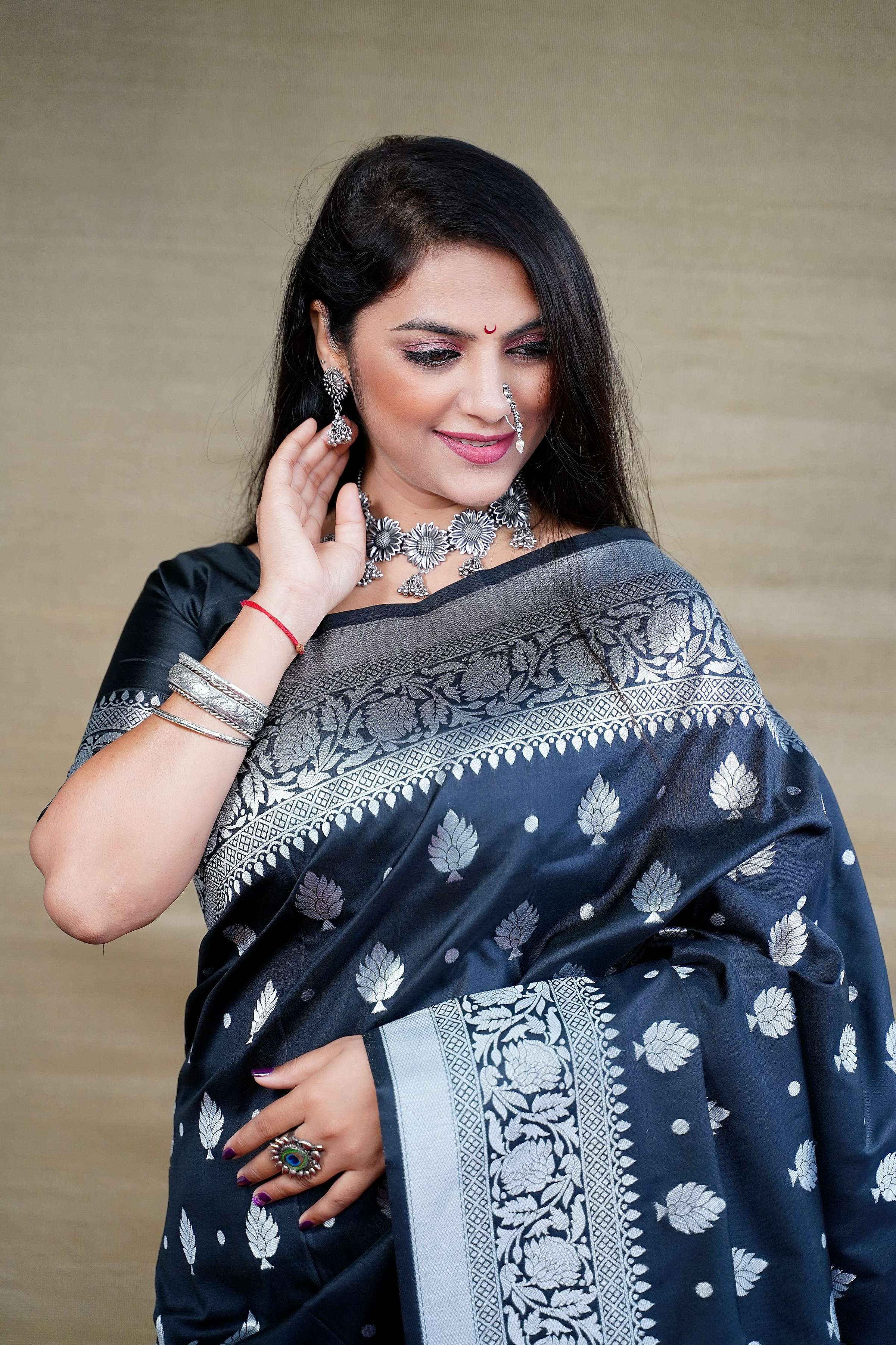 Jyoti Fashion Women's Black Soft Banarasi Silk Zari Woven Saree with Blouse | Grocsy