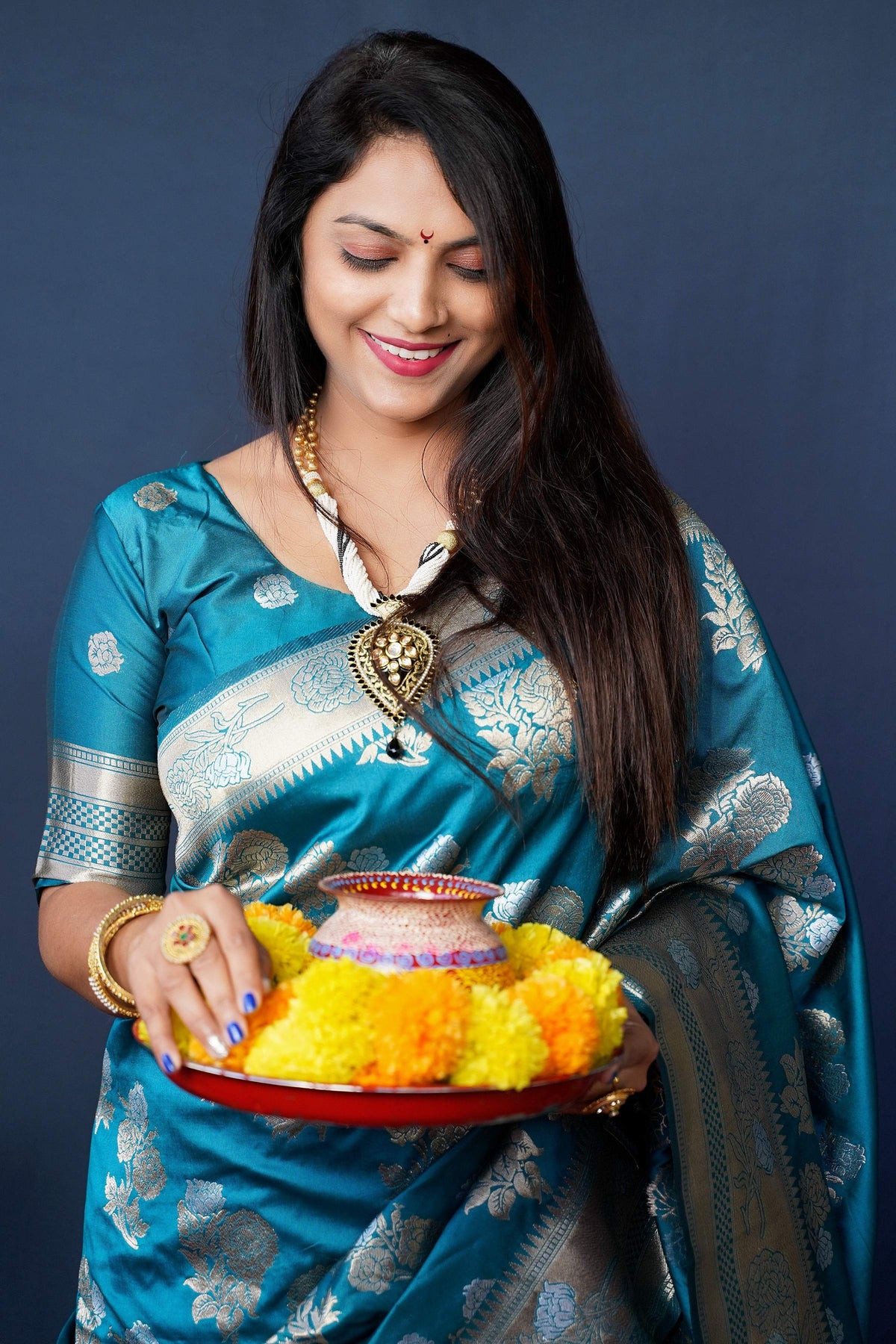 Jyoti Fashion Women's Teal Handloom Banarasi Silk Zari Woven Saree with Blouse | Grocsy