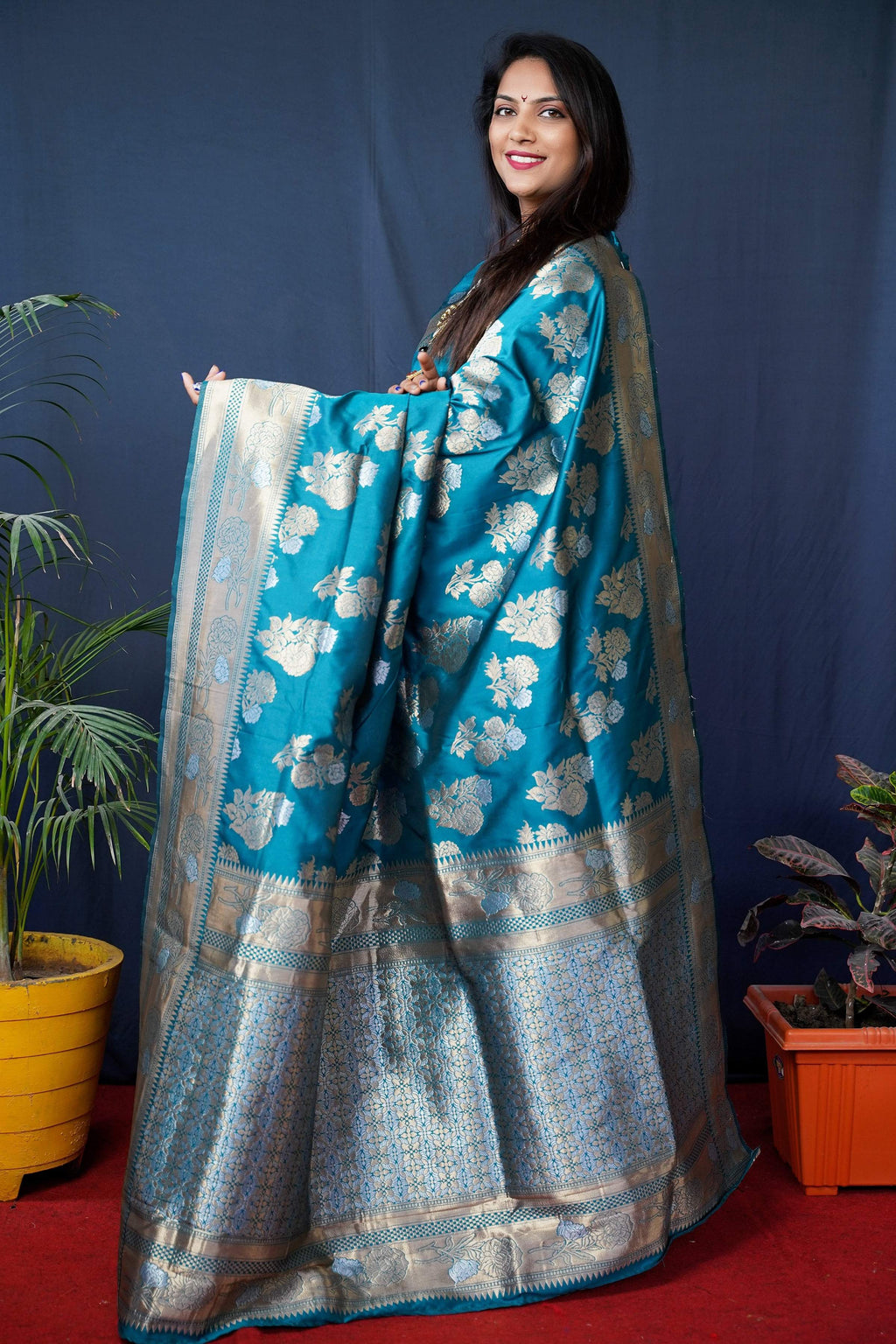 Jyoti Fashion Women's Teal Handloom Banarasi Silk Zari Woven Saree with Blouse | Grocsy