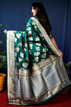Jyoti Fashion Women's Bottle Green Handloom Banarasi Silk Zari Woven Saree with Blouse | Grocsy