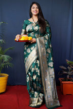 Jyoti Fashion Women's Bottle Green Handloom Banarasi Silk Zari Woven Saree with Blouse | Grocsy