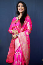 Jyoti Fashion Women's Pink Handloom Banarasi Silk Zari Woven Saree with Blouse | Grocsy