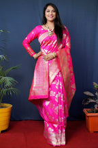 Jyoti Fashion Women's Pink Handloom Banarasi Silk Zari Woven Saree with Blouse | Grocsy