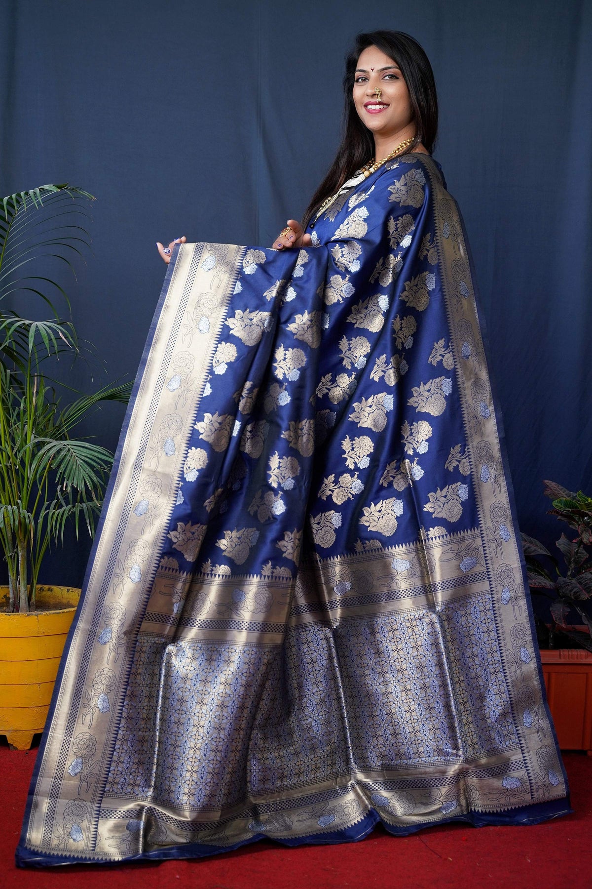 Jyoti Fashion Women's Navy Blue Handloom Banarasi Silk Zari Woven Saree with Blouse | Grocsy