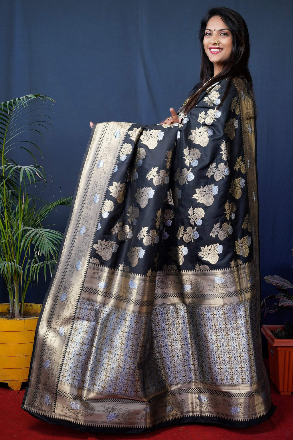 Jyoti Fashion Women's Black Handloom Banarasi Silk Zari Woven Saree with Blouse | Grocsy