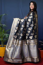 Jyoti Fashion Women's Black Handloom Banarasi Silk Zari Woven Saree with Blouse | Grocsy