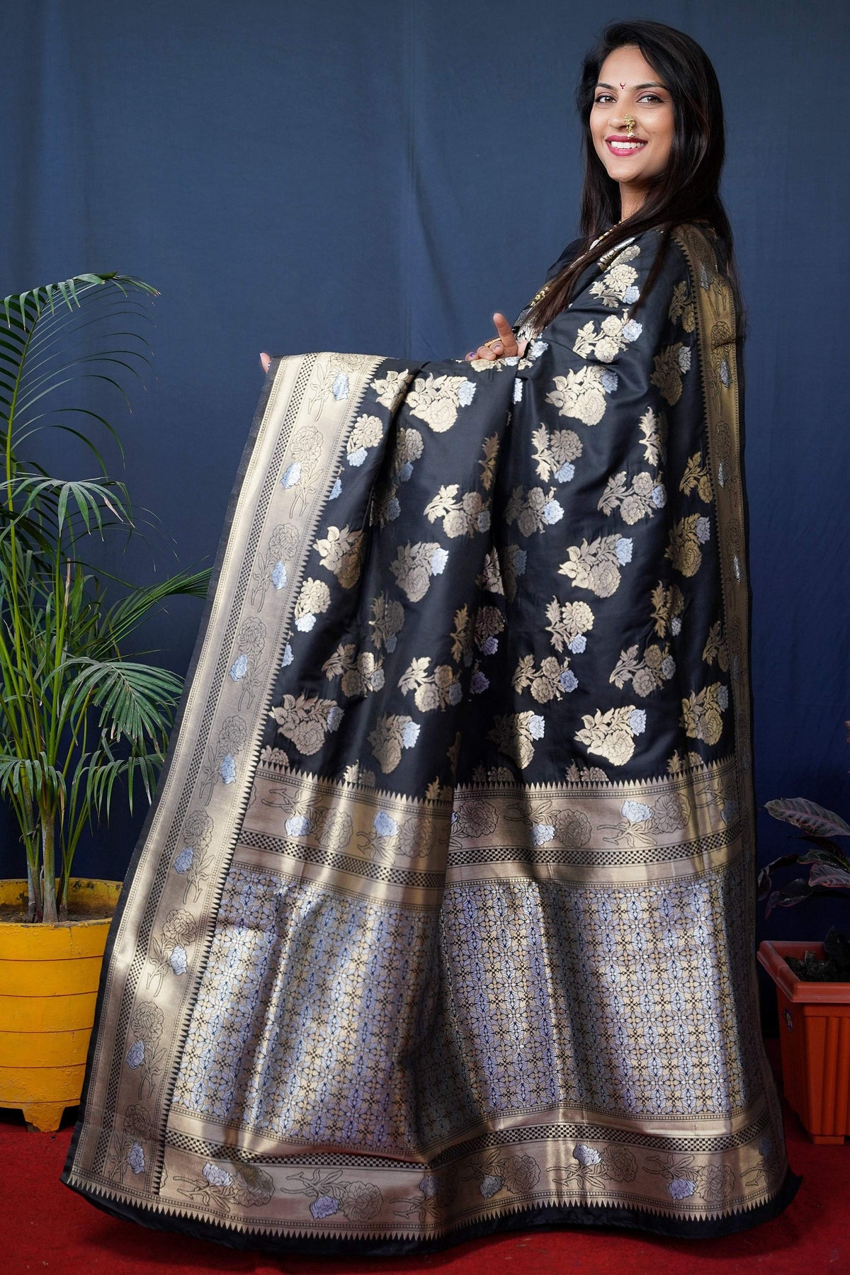 Jyoti Fashion Women's Black Handloom Banarasi Silk Zari Woven Saree with Blouse | Grocsy