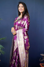 Jyoti Fashion Women's Wine Handloom Banarasi Silk Zari Woven Saree with Blouse | Grocsy