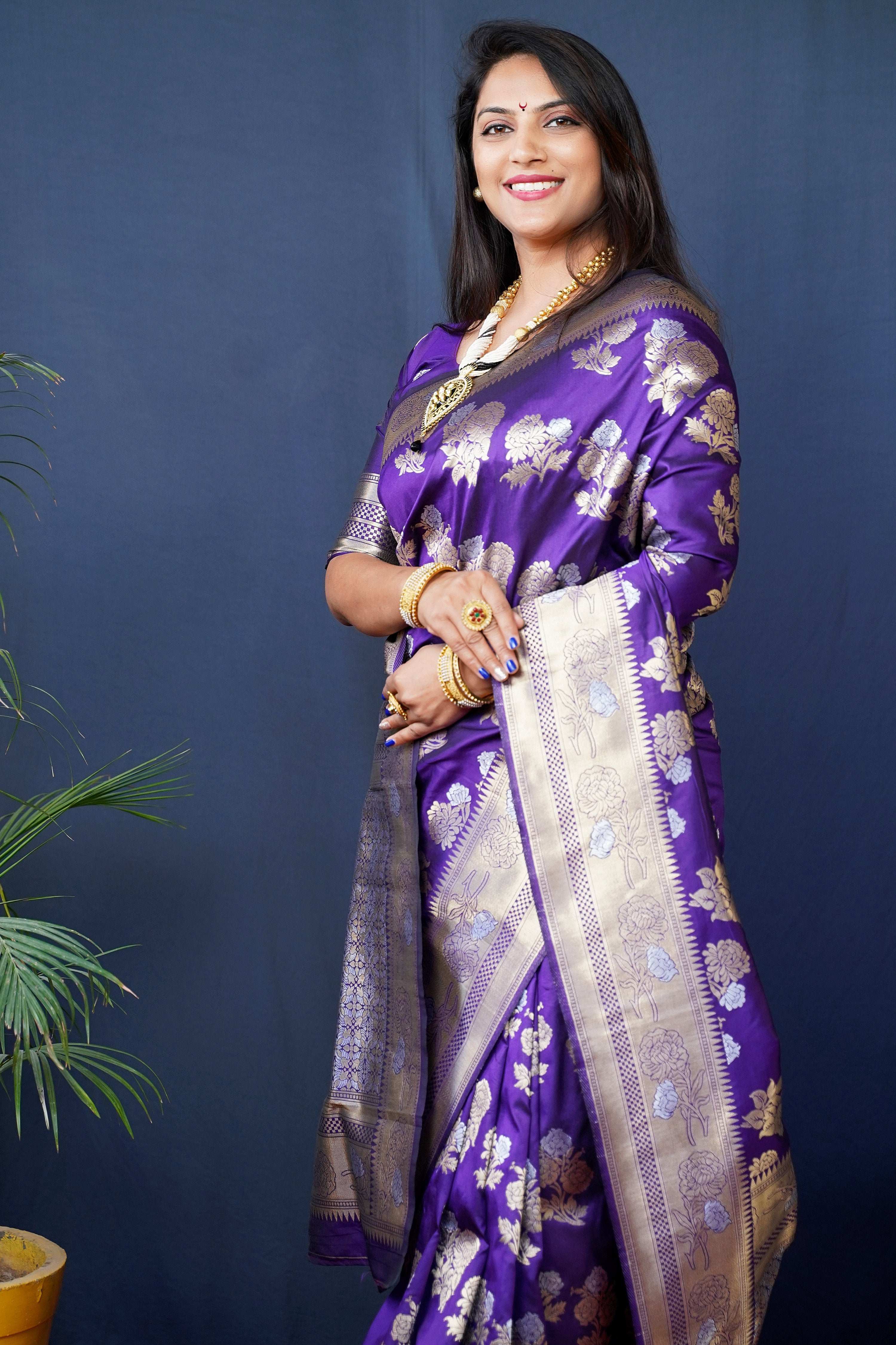 Jyoti Fashion Women's Purple Handloom Banarasi Silk Zari Woven Saree with Blouse | Grocsy