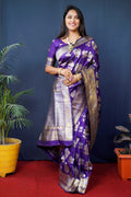 Jyoti Fashion Women's Purple Handloom Banarasi Silk Zari Woven Saree with Blouse | Grocsy
