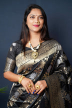 Jyoti Fashion Women's Black Handloom Banarasi Silk Zari Woven Saree with Blouse | Grocsy