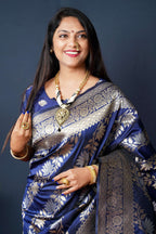 Jyoti Fashion Women's Navy Blue Handloom Banarasi Silk Zari Woven Saree with Blouse | Grocsy