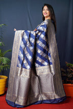 Jyoti Fashion Women's Navy Blue Handloom Banarasi Silk Zari Woven Saree with Blouse | Grocsy