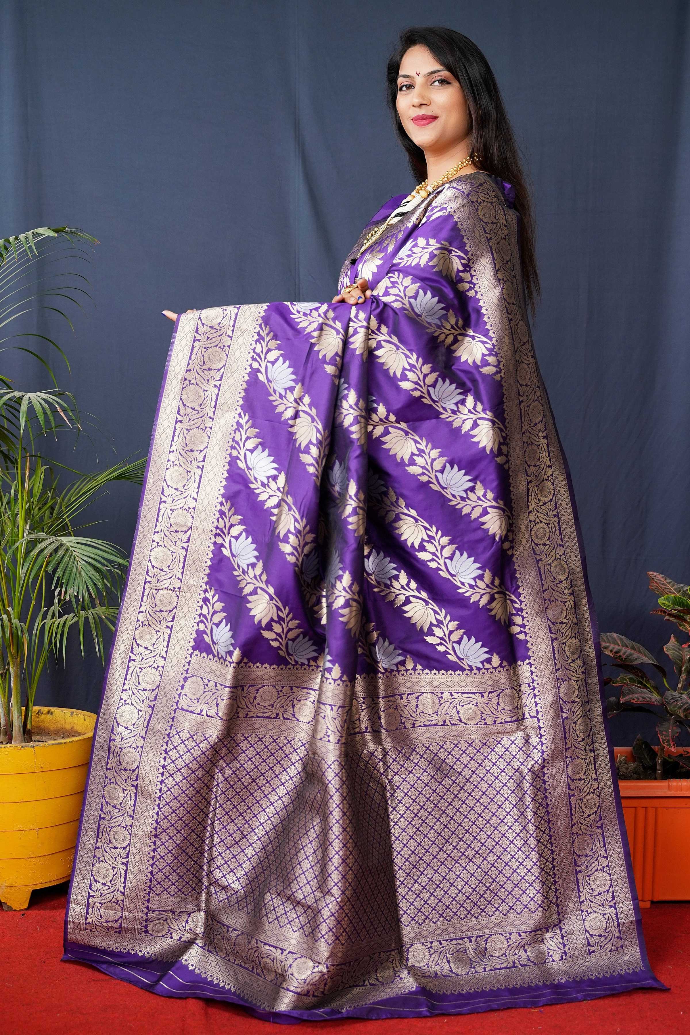Jyoti Fashion Women's Purple Handloom Banarasi Silk Zari Woven Saree with Blouse | Grocsy