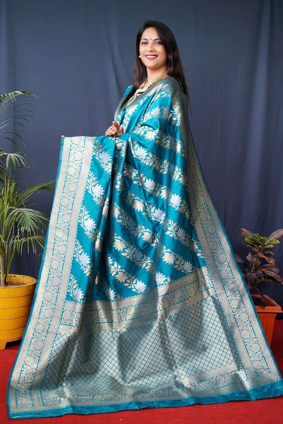 Jyoti Fashion Women's Teal Handloom Banarasi Silk Zari Woven Saree with Blouse | Grocsy