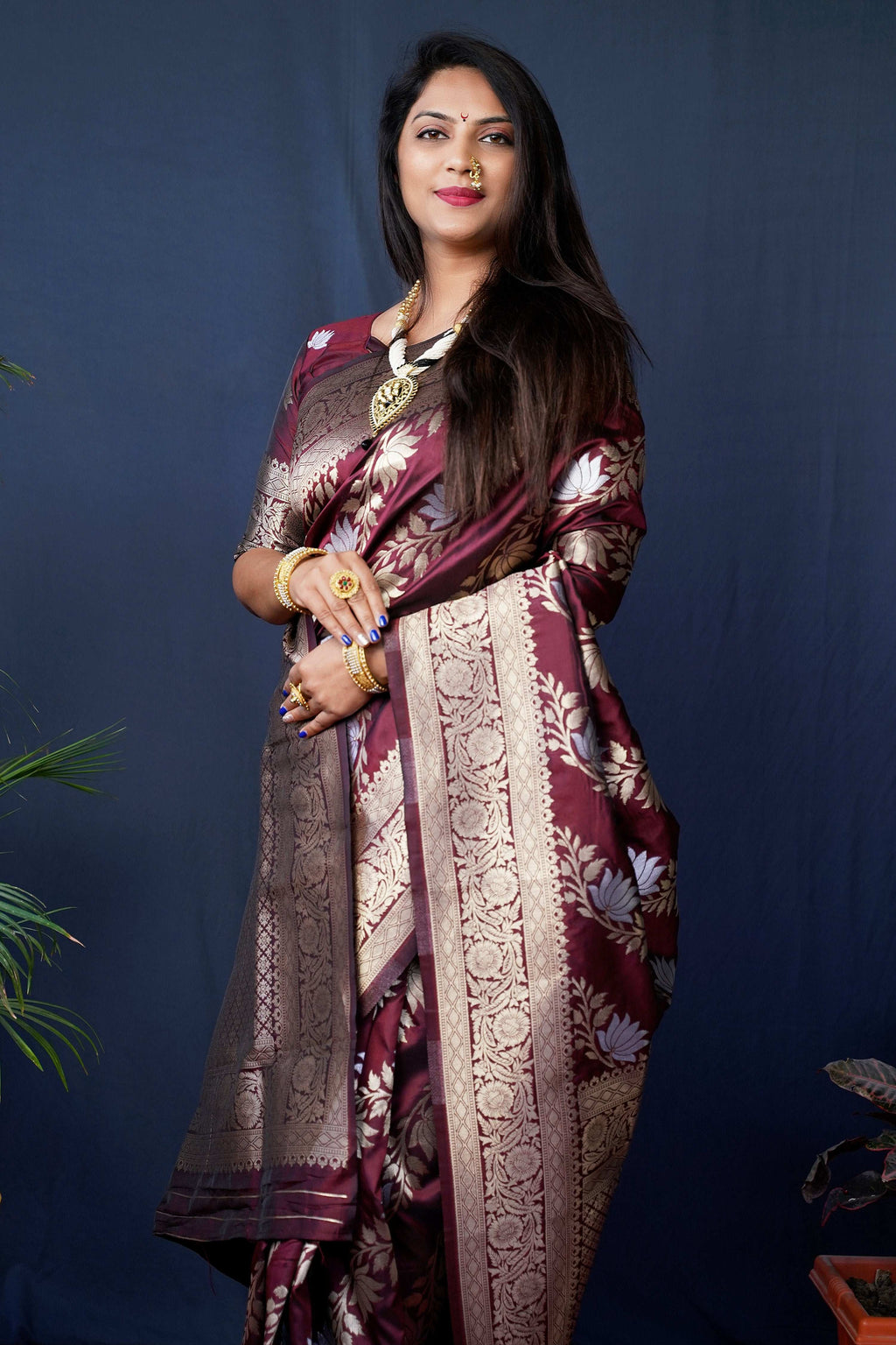 Jyoti Fashion Women's Maroon Handloom Banarasi Silk Zari Woven Saree with Blouse | Grocsy