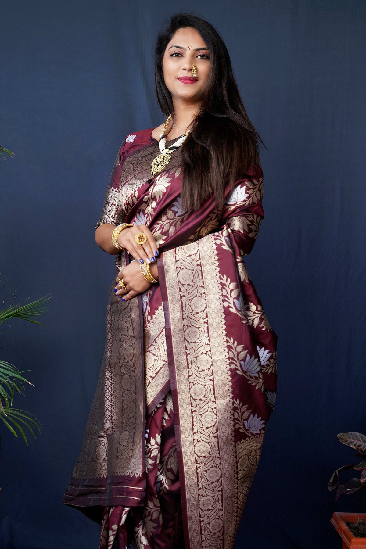 Jyoti Fashion Women's Maroon Handloom Banarasi Silk Zari Woven Saree with Blouse | Grocsy