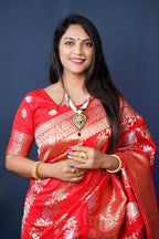 Jyoti Fashion Women's Red Handloom Banarasi Silk Zari Woven Saree with Blouse | Grocsy