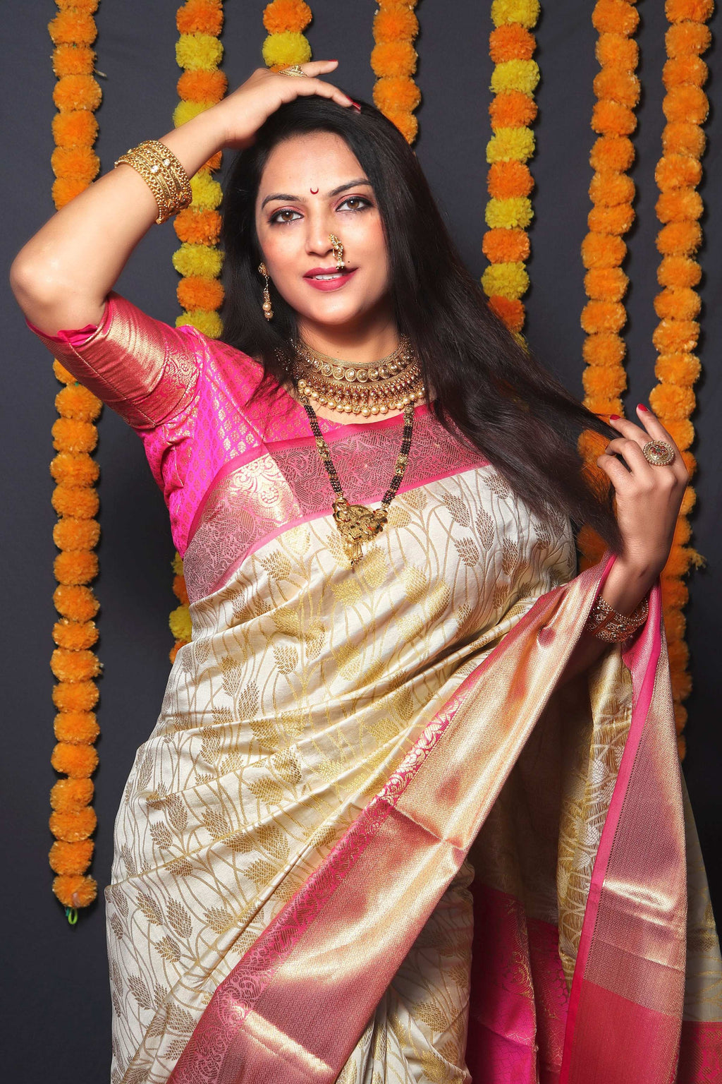 Jyoti Fashion Women's Off White Kanchipuram Silk Zari Woven Saree with Blouse | Grocsy