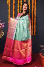 Jyoti Fashion Women's Sky Blue Kanchipuram Silk Zari Woven Saree with Blouse | Grocsy