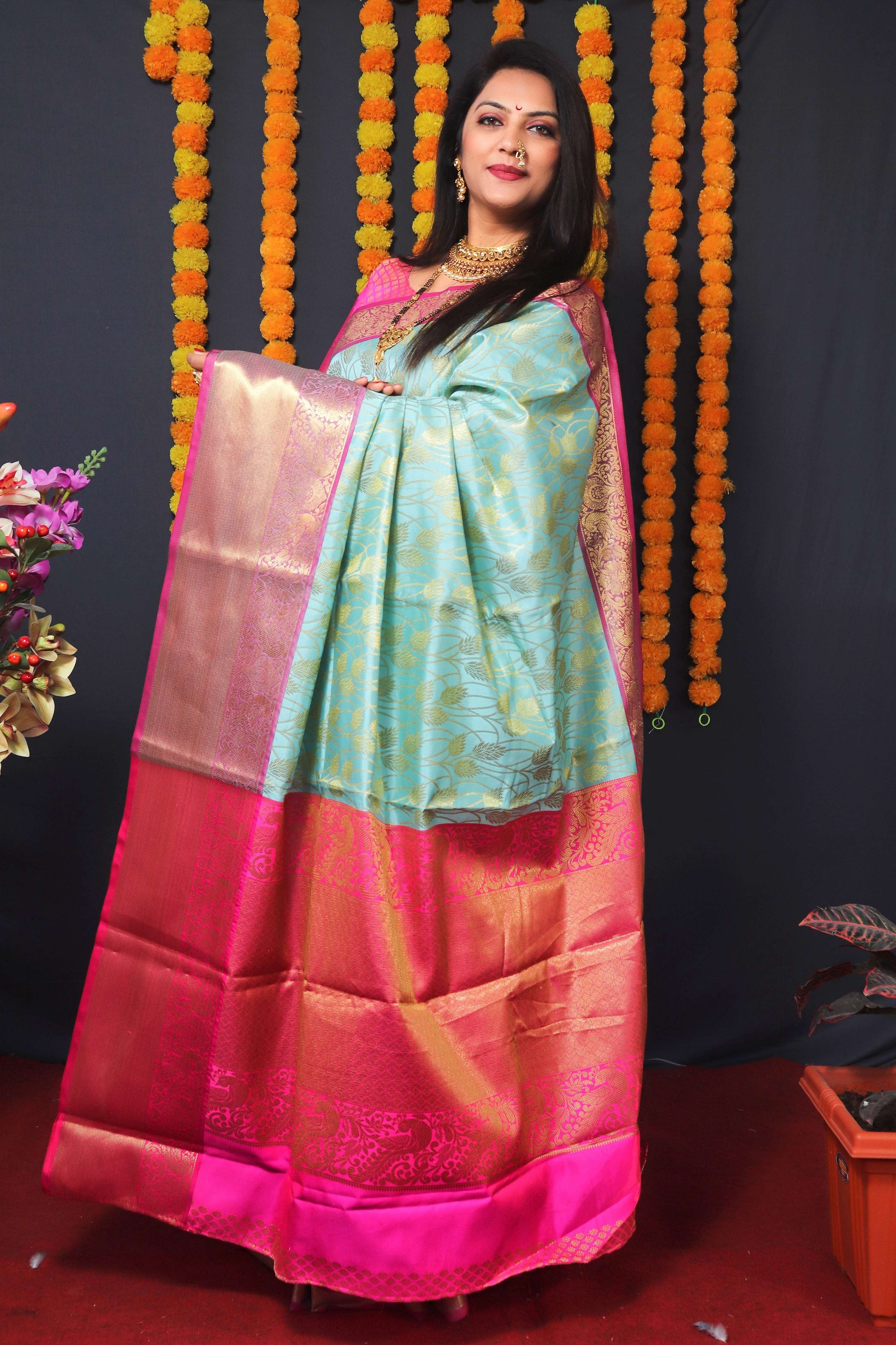 Jyoti Fashion Women's Sky Blue Kanchipuram Silk Zari Woven Saree with Blouse | Grocsy